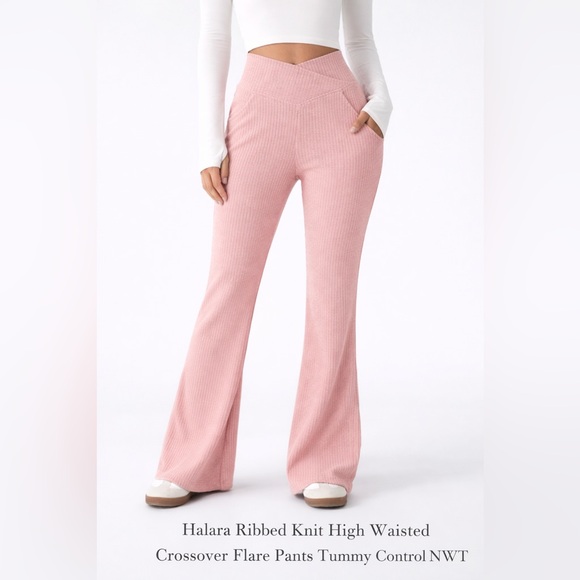 HALARA Pants - Halara Ribbed Knit High Waisted Crossover Flare Pants Tummy Control NWT